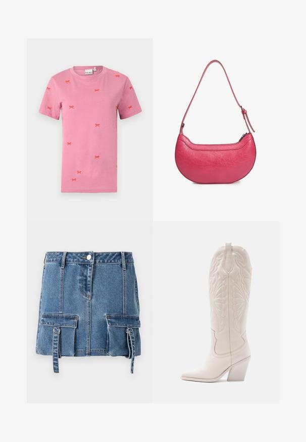 Rosa Baumwoll-T-Shirt mit kurzen Ärmeln und verstreuten roten Bogenstickereien. Rundhalsausschnitt und Standardpassform.; Denim-Minirock in hellblau, mit hoher Taille, vorderem Knopfverschluss und zwei Vordertaschen mit verstellbaren Trägern.; Weiße Leder-Cowboystiefel mit spitzer Zehe und blockiertem Absatz. Sie verfügen über aufwendige Steppmuster am Schaft und eine glatte Textur.; Rosa Lederhandtasche mit einer geschwungenen Form, einem einzigen verstellbaren Schulterriemen und einem Reißverschluss oben. Strukturierte Oberfläche mit sichtbaren Falten.