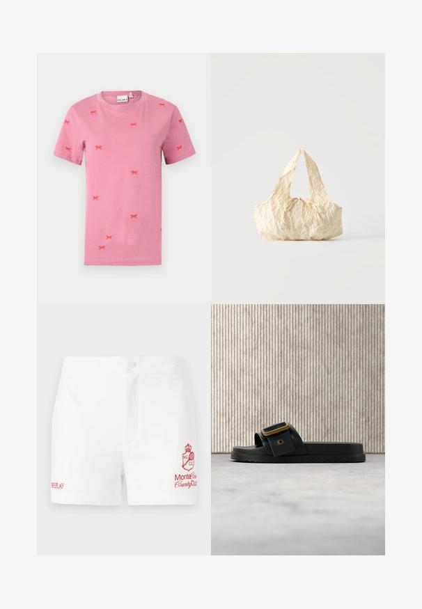 Camiseta de algodón rosa de manga corta con bordados de lazo rojo esparcidos. Diseño de cuello redondo y ajuste estándar.; Pantalones cortos de algodón blancos con cierre de botón en la parte frontal, bolsillos laterales y logotipo bordado en rojo del Monte Carlo Country Club junto con el nombre de la marca.; Sandalia negra tipo slide con suela texturizada y una amplia correa que presenta una gran hebilla dorada, descansando sobre baldosas de madera al aire libre.; Bolso de tela texturizada color crema con asas superiores y un pequeño detalle de lazo atado en el centro del frente.