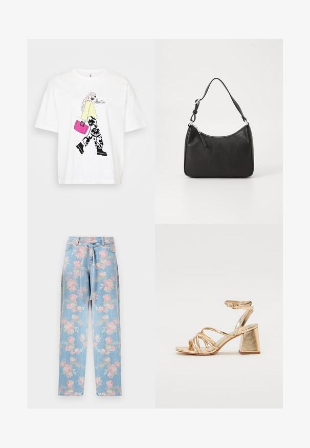 Hvid T-shirt med en grafik af en figur i en gul sweater og blomstrede bukser, der bærer en lyserød taske. Sorte detaljer tilføjer dybde.; Lyseblå denimjeans med hel trykt blomstermønster i pink og beige, høj talje, lige ben og et tyndt, matchende stofbælte.; Guldfarvede hæle-sandaler med en strappy design, firkantet blokhæl og justerbar ankelrem med spænde. Glat tekstur.; Sort læderhåndtaske med en buet form, en enkelt rem, lynlås lukning og diskret branding på forsiden. Glat tekstur, minimalistisk design.