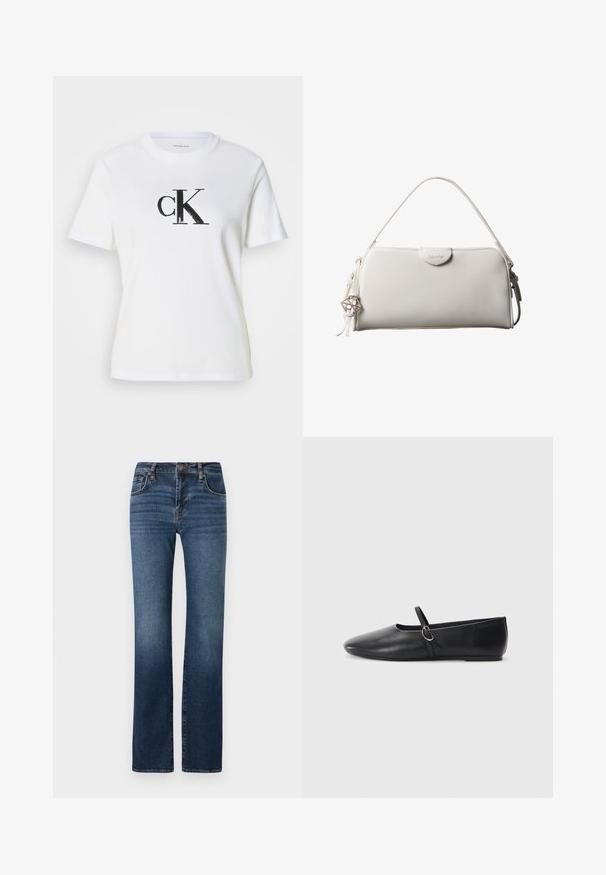 Wit katoenen T-shirt met korte mouwen en een ronde hals. Heeft een zwart "ck"-logo met een textuur op de voorkant.; Donkerblauwe denim jeans met een rechte pijpdesign, hoge taille, subtiele vervaging, vijf zakken en metalen knoopsluiting.; Zwarte leren balletschoenen met een spitse neus, platte zool en een kleine strap met een zilveren gespsluiting.; Witte rechthoekige Calvin Klein handtas met enkele handgreep, minimalistisch ontwerp en decoratieve kwastjes met geometrische metalen hanger aan de zijkant.