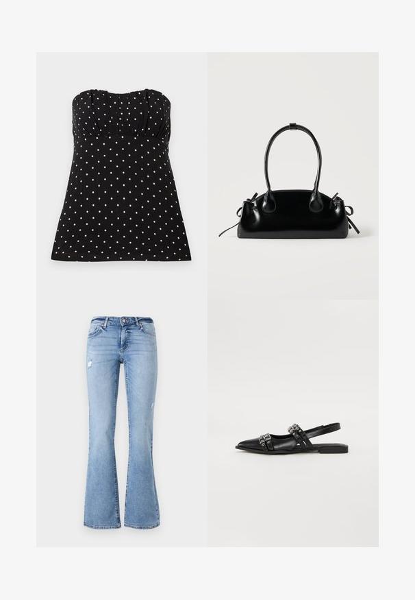 Haut noir sans bretelles avec pois blancs, présentant un tissu froncé au niveau de la poitrine, une texture lisse et une coupe décontractée.; Jeans en denim bleu clair évasés avec un design usé, présentant une fermeture à bouton à l'avant, des passants de ceinture et plusieurs poches.; Even&Odd by Zalando Ballerines à brides arrière - black; Petit sac à main noir brillant avec deux longues anses et des détails à cordon sur les côtés sur un fond clair uni.