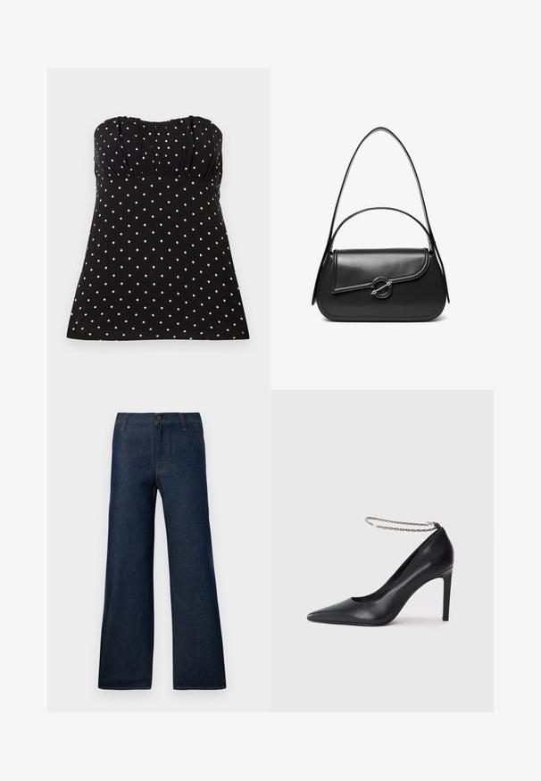 Zwarte strapless top met witte polka dots, met geplooide stof bij de borst, een gladde textuur en een ontspannen pasvorm.; Donkerblauwe wijdvallende jeans gemaakt van denim, met een klassieke vijf-pocket design, knoopsluiting en subtiele stikdetails.; Zwarte leren hoge hak pump met een spitse neus, voorzien van een dunne zilveren ketting enkelband en een strakke, gladde textuur.; Zwarte leren schoudertas met een gebogen klep die is bevestigd met een ronde metalen sluiting en een smalle, verstelbare band.