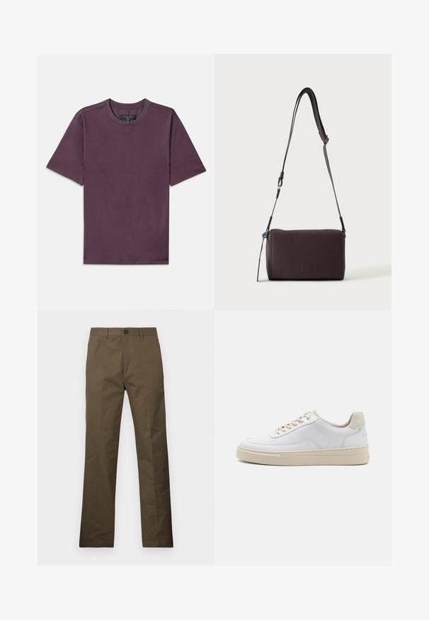 Effen T-shirt met korte mouwen en ronde hals in donker mauve, met een zichtbaar merklabel dat in de kraag is genaaid.; Bruine katoenen broeken met een rechte pasvorm, voorzien van een knoopsluiting en zijzakken, weergegeven tegen een witte achtergrond.; Witte sneaker met een gevoerd leren bovenwerk, beige veters en een gestructureerde beige suede hieltab. Verhoogde zool voor extra hoogte.; Donkerbruine gestructureerde leren crossbodytas met verstelbare riem en klein decoratief blauw accent aan de zijkant.