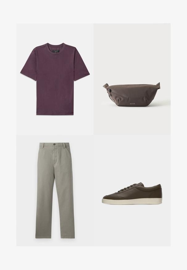 Ensfarvet kortærmet t-shirt med rund hals i mørk mauve med synligt mærke syet indeni kraven.; Lysegrå bukser lavet af bomuld, med lige ben design, bæltesløjfer og en enkelt knaplukning ved taljen.; Low-top mørkebrun lædersneaker med snørelukning foran og cremefarvet gummisål, vist fra ydersiden mod hvid baggrund.; Mørkebrun stof talje taske med diagonalt lynlåslomme og lille hvidt logo på fronten, sat mod en ensfarvet lys baggrund.