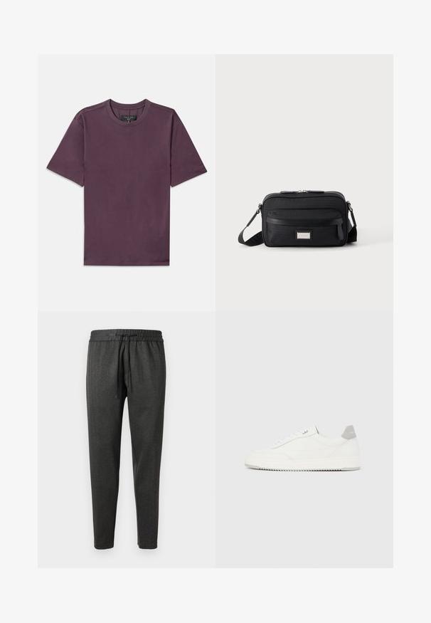T-shirt à manches courtes et col rond en mauve foncé avec une étiquette de marque visible cousue à l'intérieur du col.; Pantalons de jogging gris foncé en tissu texturé, dotés d'une taille élastique et d'un cordon de serrage. Conception des jambes fuselées sans poches.; Baskets basses blanches avec un onglet de talon gris, des lacets blancs et une semelle texturée, présentées sur un fond uni clair.; Sac bandoulière rectangulaire noir avec poche avant zippée, sangle réglable et plaque logo rectangulaire argentée sur fond uni.