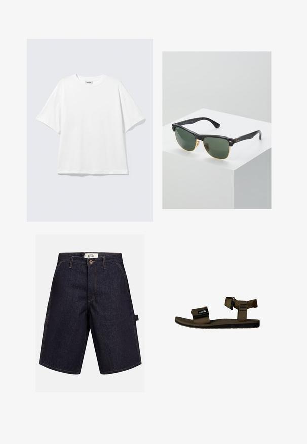 Hvid oversized t-shirt med korte ærmer og rund halsudskæring med sænkede skuldre, fladt lagt på lys grå baggrund.; Mørkeblå denimshorts med knapper foran, bæltestropper, sidelommer og en lille løkke i højre side.; Brun rem sandal med en tekstureret fodseng, justerbar ankelrem og Velcro-lukning. Sorte accenter og logo på remmen.; Ray-Ban solbriller med grønne linser, sorte plastikstel og gyldne detaljer ved kanterne. Firkantet form med mat finish.