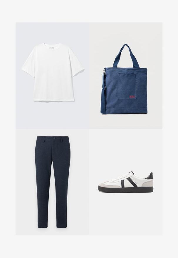 Witte oversized T-shirt met korte mouwen, ronde hals en verlaagde schouders, plat op een lichtgrijze achtergrond.; Donker marineblauwe slim-fit broek met riemlussen, een knoop aan de voorkant en zijzakken, weergegeven op een witte achtergrond.; Witte sneaker met zwarte en grijze accenten, voorzien van een grijze neus met textuur, zwarte rubberen zool en platte witte veters. Schoon ontwerp, minimalistische stijl.; Blauwe canvas tas met voorvak en rode "O.N.S" borduring, voorzien van dubbele handvatten en een verstelbare schouderriem.