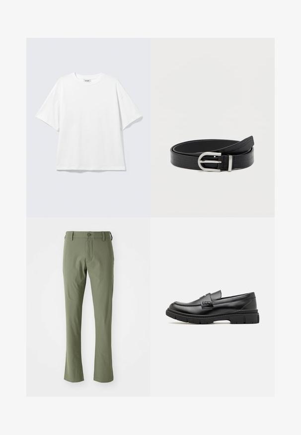 Hvid oversized t-shirt med korte ærmer og rund halsudskæring med sænkede skuldre, fladt lagt på lys grå baggrund.; Grønne skræddersyede bukser med slim fit, lavet af glat stof. Har en frontlynlås, knaplukning og lige sømme.; Sort læder loafersko med en bred rem over forfoden, gummisål med tykke mønstre og glat overflade. Klassisk, slankt design.; Sort faux læderbælte med krokodillemønster og en sølvfarvet rund spænde, snoet på en ensfarvet hvid baggrund.