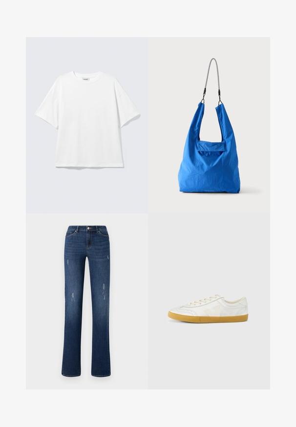 Biele oversize tričko s krátkym rukávom a okrúhlym výstrihom s padnutými ramenami, položené na svetlošedom pozadí.; ONLY ONLWAUW MID WAIST - Slimfit džínsy - dark blue denim; Biela kožená teniska s hladkou textúrou, s béžovým logom v tvare písmena „V“, okrúhlym špičkou, šnurovací dizajn a podrážkou z gumovej gumy.; Jasne modrá mäkká látková taška s čierno-bielym šnúrkovým ramenným popruhom na jednoliatom svetlom pozadí.