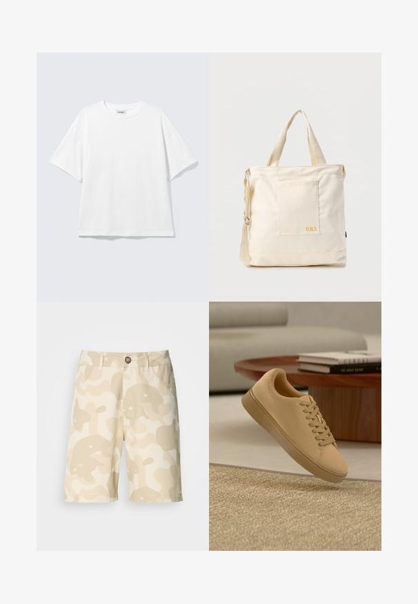 T-shirt blanc oversize à manches courtes, col rond, épaules tombantes, posé à plat sur fond gris clair.; Shorts beiges avec un motif camouflage crème, dotés d'une fermeture boutonnée, de passants de ceinture et de poches. Fabriqués dans un tissu à la texture lisse.; Baskets beiges à lacets flottant au-dessus d'un tapis texturé avec une table basse en bois et des livres empilés en arrière-plan flou.; Sac fourre-tout en toile crème avec poche avant, deux poignées, bandoulière réglable et petit texte jaune "O.N.S" en bas à droite de la poche.