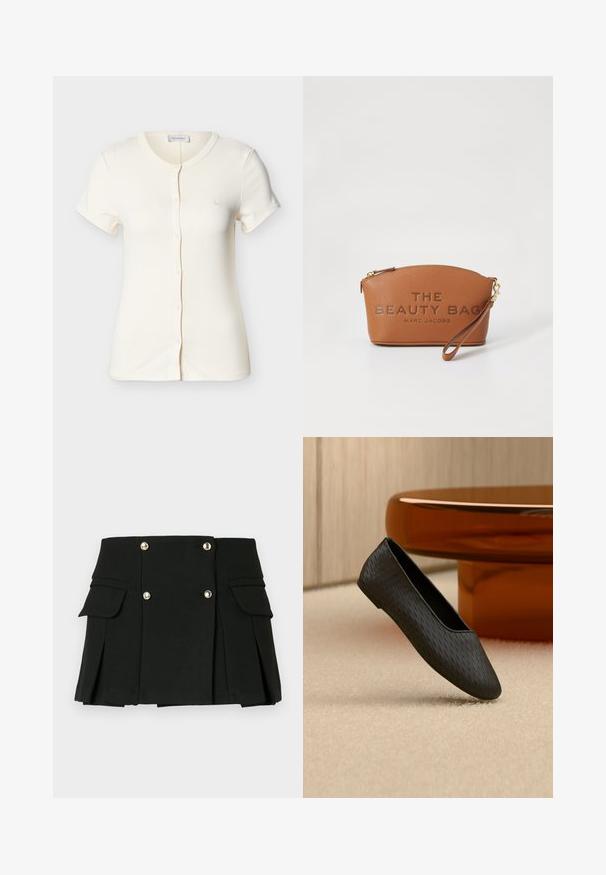 Chemise crème à manches courtes avec boutons, encolure ronde et petite broderie de logo sur la poitrine.; Jupe mini plissée noire en tissu texturé, dotée de deux poches avant et de accents de boutons en ton doré.; Chaussure plate noire texturée à enfiler flottant au-dessus d’un tapis beige près d’un pied de table rond couleur ambre.; Pochette en cuir texturé marron avec une fermeture éclair dorée, étiquetée "THE BEAUTY BAG MARC JACOBS," sur un fond blanc.