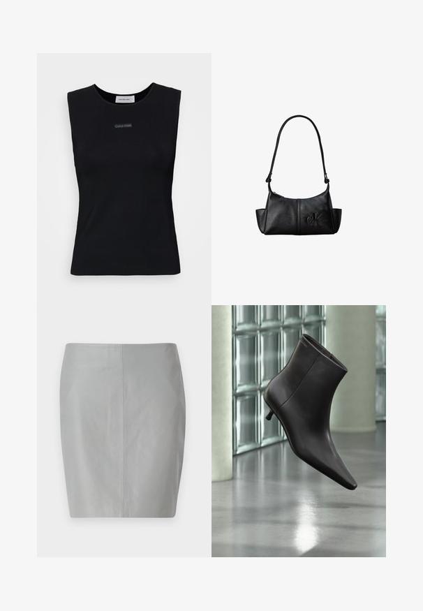 Top sans manches noir en tissu lisse. Doté d'un col rond et d'un petit logo Calvin Klein au centre. Design simple et ajusté.; Jupe crayon en cuir gris avec une texture lisse, présentant un design simple et une couture centrale se prolongeant verticalement à l'arrière.; Bottine en cuir noir avec bout pointu et petit talon, présentée devant un mur en blocs de verre et un sol poli.; Sac à bandoulière en cuir noir avec une longue sangle, des poches latérales et le logo Calvin Klein embossé sur le devant.