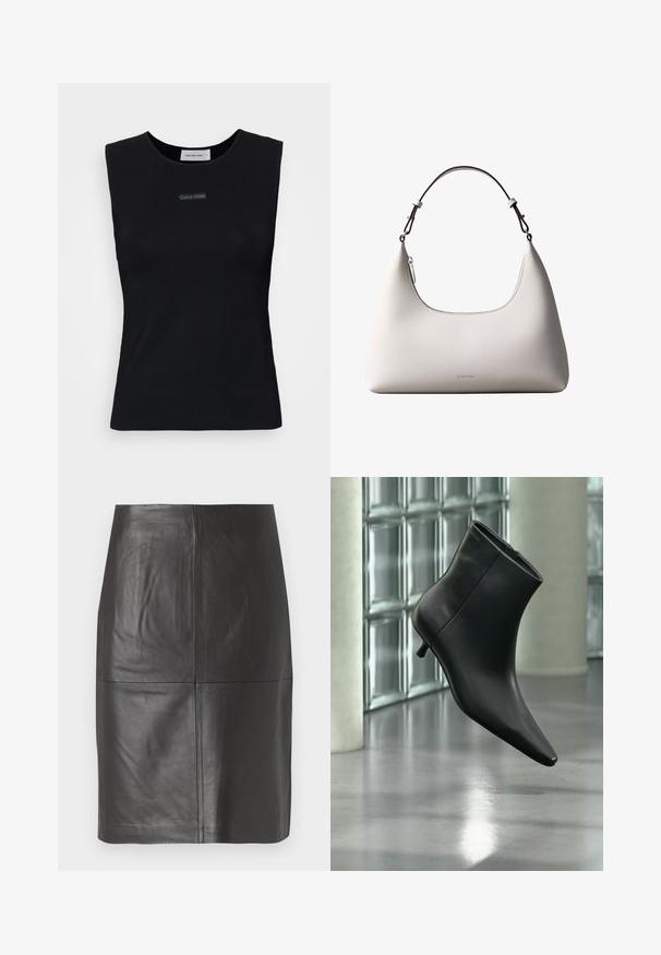 Sort ærmeløs top lavet af glat stof. Har en rund halsudskæring og et lille Calvin Klein-logo i midten. Simpelt og tætsiddende design.; Sort lædernederdel med en glat tekstur, der har lodrette sømme og en lige skæring. Ingen synlig hardware eller accenter.; Sort læderankelstøvle med spids tå og lav kitten-hæ, vist vinklet mod en poleret gulv- og glasblokvæg.; Cremefarvet skuldertaske i læder fra Calvin Klein med buet topkant, sølvfarvet lynlås og mørkebrun justerbar rem.
