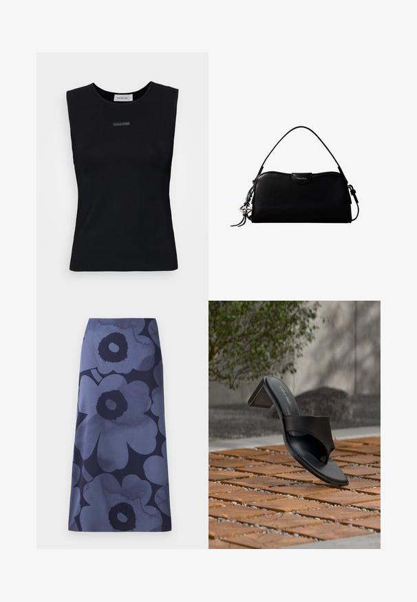 Zwart mouwloos topje gemaakt van gladde stof. Heeft een ronde halslijn en een klein Calvin Klein-logo in het midden. Eenvoudig en aansluitend ontwerp.; Midi-jurk met bloemenprint met grote donkerblauwe bloemen op een lichterblauwe achtergrond; de stof lijkt glad met een licht glanzende textuur.; Zwarte Calvin Klein sandaal met hak en teenlus op een houten tegelvloer buiten, nabij een boom en een stenen muur.; Zwarte rechthoekige Calvin Klein handtas met enkele bovenriem, zilveren logo-ornament en een kleine klepsluiting aan de voorkant.