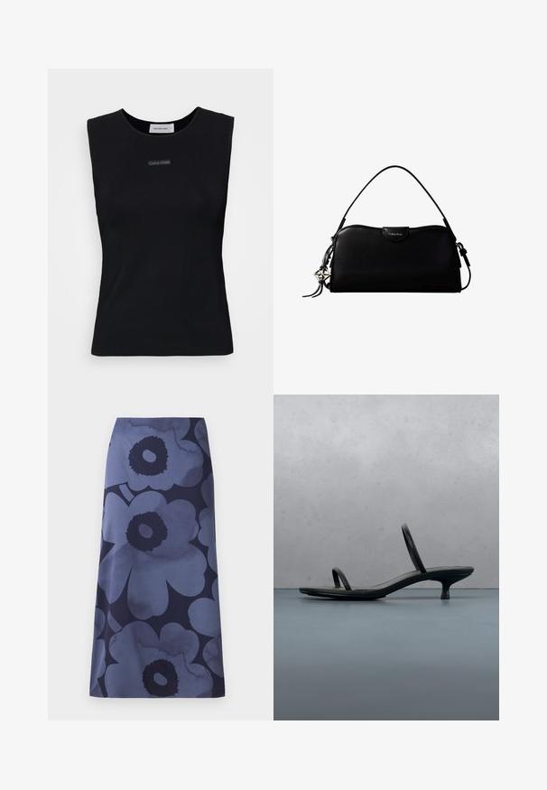 Sort ærmeløs top lavet af glat stof. Har en rund halsudskæring og et lille Calvin Klein-logo i midten. Simpelt og tætsiddende design.; Midi-nederdel med blomsterprint, der har store mørkeblå blomster på en lysere blå baggrund; stoffet fremstår glat med en let glans.; Sort Calvin Klein sandal med hæl og tynde stropper, balancerende på træfliser udendørs nær en væg og grønne planter.; Sort rektangulær Calvin Klein håndtaske med enkelt toprem, sølvlogo vedhæng og lille klaplukning foran.