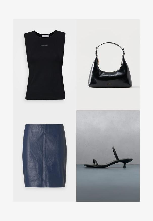 Schwarzes ärmelloses Top aus glattem Stoff. Merkmale einen runden Ausschnitt und ein kleines Calvin Klein Logo in der Mitte. Einfaches und figurnahes Design.; Marineblauer Minirock aus Leder mit glatter Textur, geradem Schnitt und minimalen Nahtdetails an den Seiten.; Schwarze Calvin Klein Sandalette mit dünnen Riemen und Absatz, balanciert auf Holzfliesen im Freien neben einer Wand und Grünpflanzen.; Schwarze, glänzende Calvin Klein Handtasche mit goldfarbenem Reißverschluss und kurzem Trageriemen vor schlichtem weißem Hintergrund.