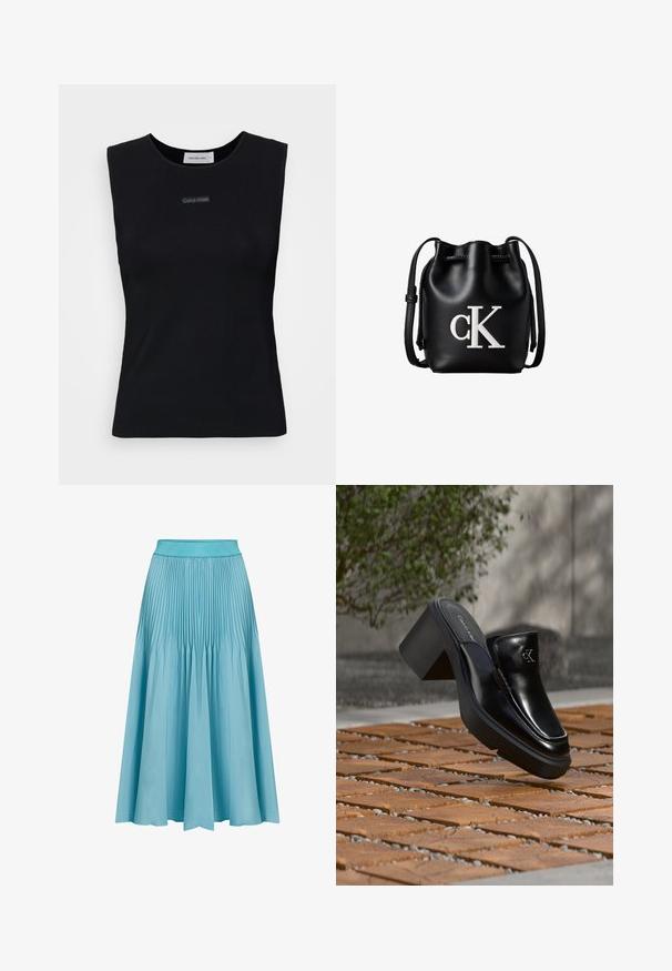 Čierny bezrukávový top vyrobený z hladkej látky. Má okrúhly výstrih a malé logo Calvin Klein na strede. Jednoduchý a priliehavý dizajn.; Plisovaná midi sukňa v svetlom modrom odtieni. Má široký pás, splývavý tvar a vertikálne plisovanie, ktoré pridáva textúru a pohyb.; Čierne kožené šľapky Calvin Klein s blokovým podpätkom, ktoré oddychujú na drevených dlaždiciach vonku blízko zelenej rastliny a šedej steny.; Čierna kožená bucket taška so sťahovacou šnúrkou na vrchu a bielym logom "cK" na prednej strane, vybavená nastaviteľným ramenným popruhom.