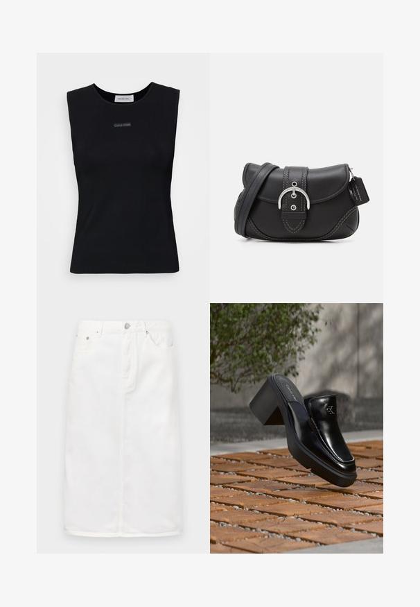 Zwart mouwloos topje gemaakt van gladde stof. Heeft een ronde halslijn en een klein Calvin Klein-logo in het midden. Eenvoudig en aansluitend ontwerp.; Witte denim rok met een ritssluiting aan de voorkant, vijf-pocket ontwerp en een rechte silhoutte met stikselaccenten.; Zwarte leren Calvin Klein slip-on mule met blokhak rustend op houten tegels buiten, vlak bij een groene plant en een grijze muur.; COACH GLOVETANNED SOHO - Handtas - black