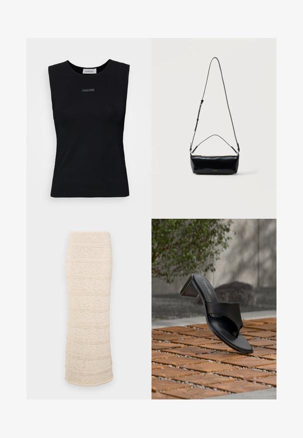 Top sans manches noir en tissu lisse. Doté d'un col rond et d'un petit logo Calvin Klein au centre. Design simple et ajusté.; Jupe midi tricotée en beige clair avec des rayures texturées horizontales. Silhouette ajustée, tissu doux et ourlet légèrement ouvert en bas.; Sandale à talon noire Calvin Klein avec boucle pour l’orteil, posée sur un sol en carreaux de bois en extérieur, près d’un arbre et d’un mur en pierre.; Sac bandoulière rectangulaire en cuir noir avec bandoulière ajustable, fermeture éclair sur le dessus et petit logo Calvin Klein doré sur le devant.