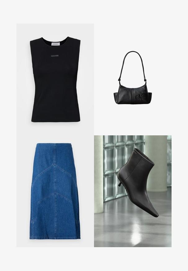 Schwarzes ärmelloses Top aus glattem Stoff. Merkmale einen runden Ausschnitt und ein kleines Calvin Klein Logo in der Mitte. Einfaches und figurnahes Design.; Denim-Bleistiftrock in Dunkelblau mit vertikalen Nahtdetails und gerader Silhouette. Verfügt über einen Bund und einen rohen Saum.; Schwarzer Leder-Knöchelstiefel mit spitzer Spitze und kleinem Absatz vor einer Wand aus Glasbausteinen und einem polierten Boden.; Schwarze Leder-Schultertasche mit langem Träger, Seitentaschen und eingeprägtem Calvin Klein-Logo auf der Vorderseite.