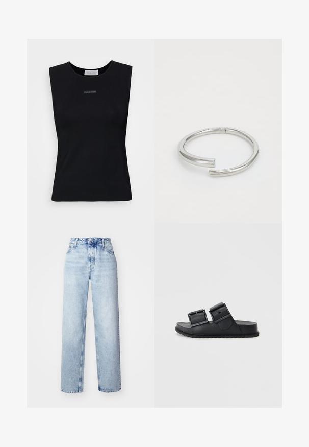 Zwart mouwloos topje gemaakt van gladde stof. Heeft een ronde halslijn en een klein Calvin Klein-logo in het midden. Eenvoudig en aansluitend ontwerp.; Lichtblauwe high-waisted jeans met een losse pasvorm, met rechte pijpen, vijf zakken en een klassieke knoop- en ritssluiting.; Zwarte schuursandalen van textuur materiaal met twee verstelbare banden met gespen. Vlakke zool met een gemusterde loop voor grip.; Calvin Klein SPIRAL - Armband - silver-coloured