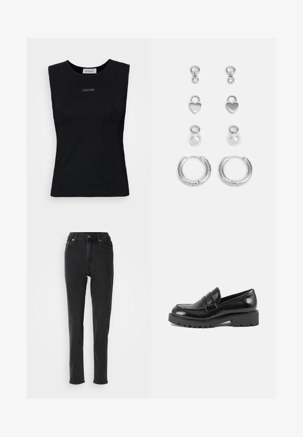 Top negro sin mangas de tejido suave. Presenta un cuello redondo y un pequeño logo de Calvin Klein en el centro. Diseño simple y ajustado.; Vaqueros negros de cintura alta con un ajuste slim, que cuentan con un cierre de botones, trabillas para cinturón y costuras en contraste. Textura suave, sin patrones visibles.; Mocasin de charol negro con punta estructurada, tira decorativa en el empeine y suela gruesa y robusta. Acabado suave y brillante.; Tres pares de pendientes de plata: aros cortos con piedras transparentes, charms en forma de corazón y pendientes grandes de aro con un acabado texturizado.