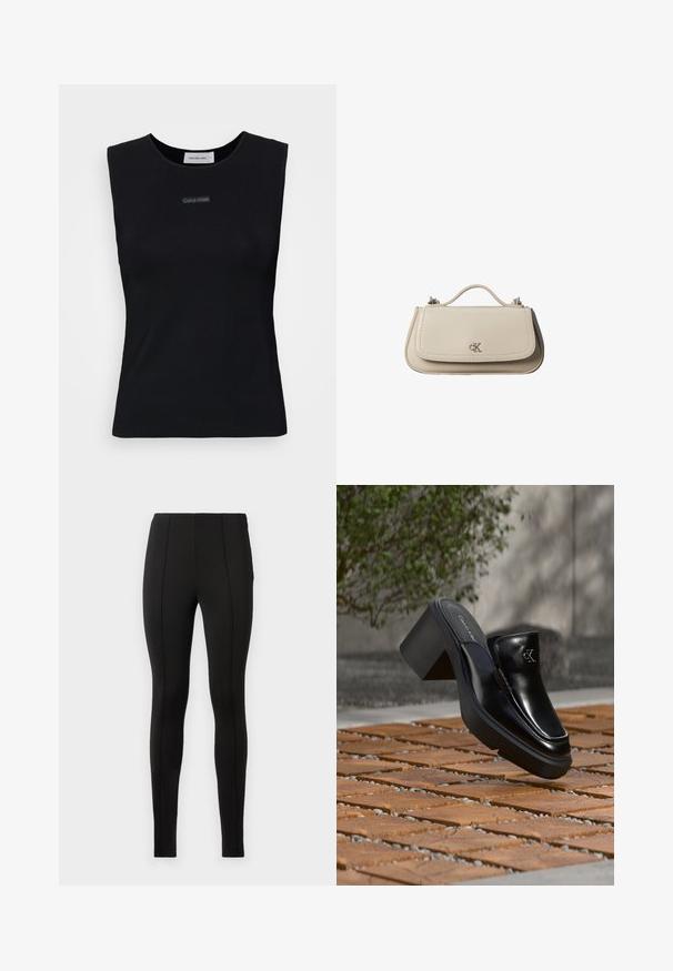 Schwarzes ärmelloses Top aus glattem Stoff. Merkmale einen runden Ausschnitt und ein kleines Calvin Klein Logo in der Mitte. Einfaches und figurnahes Design.; Schwarze Leggings aus dehnbarem Stoff, mit glatter Textur, hohem Bund und vertikalen Nahtdetails entlang der Beine.; Schwarze Leder-Slip-on-Mule von Calvin Klein mit Blockabsatz, die auf Holzfliesen im Freien nahe einer grünen Pflanze und einer grauen Wand ruht.; Kleine beigefarbene Lederhandtasche mit oberem Griff und silbernem CK-Logo auf der Frontklappe, vor weißem Hintergrund dargestellt.