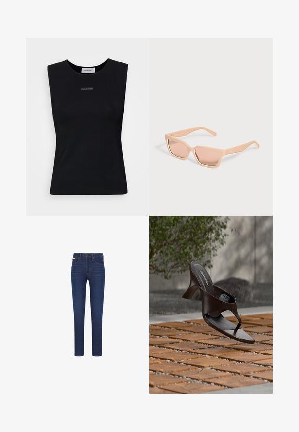 Top negro sin mangas de tejido suave. Presenta un cuello redondo y un pequeño logo de Calvin Klein en el centro. Diseño simple y ajustado.; Vaqueros azul oscuro hechos de denim, con ajuste slim, diseño de cinco bolsillos, cierre frontal con botones y costuras naranjas sutiles.; Sandalia de tiras con tacón marrón de Calvin Klein suspendida sobre suelo exterior de loseta de madera y grava, con fondo desenfocado de vegetación y piedras.; Gafas de sol rectangulares color melocotón claro con montura gruesa y lentes tintadas a juego sobre un fondo claro y liso.