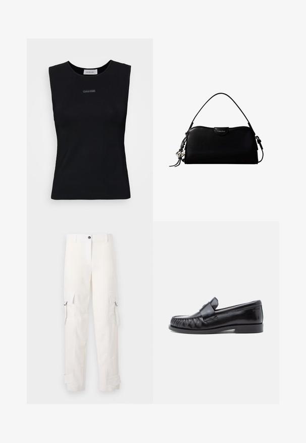 Top negro sin mangas de tejido suave. Presenta un cuello redondo y un pequeño logo de Calvin Klein en el centro. Diseño simple y ajustado.; Pantalones cargo blancos de algodón, con bolsillos laterales, trabillas y puños enrollados. El diseño incluye un corte recto y un cierre de botón.; Mocasines de cuero negro con punta redondeada, costuras distintivas y una banda decorativa sobre el empeine. Acabado liso y tacón bajo.; Bolso rectangular negro de Calvin Klein con una única correa superior, dije con el logo plateado y un pequeño cierre de solapa en la parte frontal.