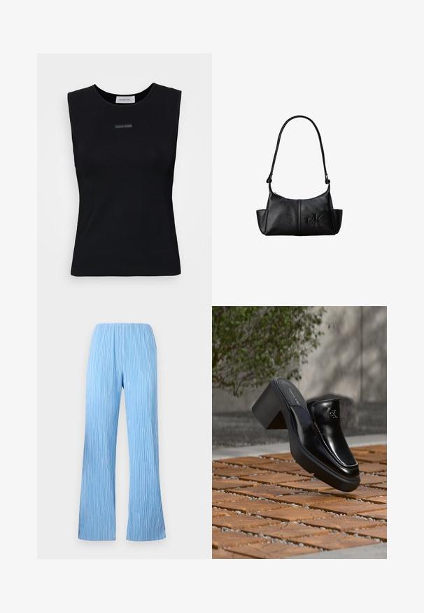 Top sans manches noir en tissu lisse. Doté d'un col rond et d'un petit logo Calvin Klein au centre. Design simple et ajusté.; Pantalons plissés bleu clair avec un design à jambes larges, présentant des rayures verticales et une taille élastique pour plus de confort. Tissu lisse et léger.; Mule slip-on en cuir noir Calvin Klein avec talon bloc reposant sur des carreaux en bois à l'extérieur près d'une plante verte et d'un mur gris.; Sac à bandoulière en cuir noir avec une longue sangle, des poches latérales et le logo Calvin Klein embossé sur le devant.