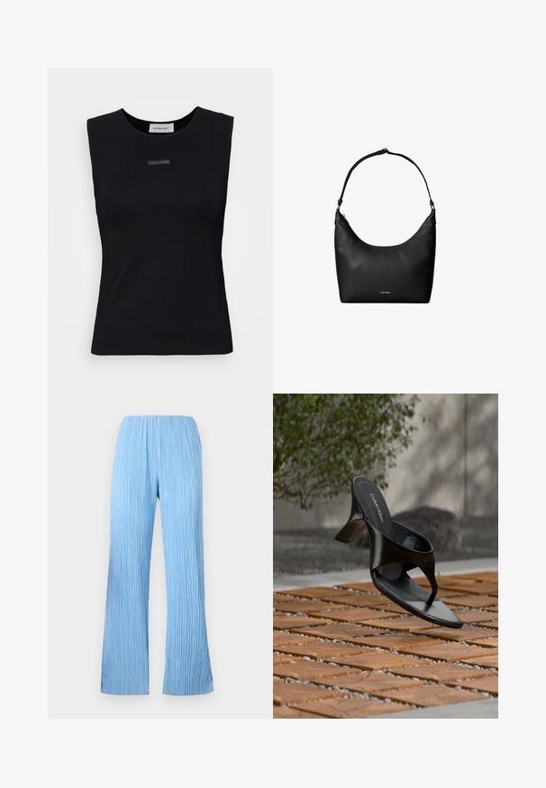 Sort ærmeløs top lavet af glat stof. Har en rund halsudskæring og et lille Calvin Klein-logo i midten. Simpelt og tætsiddende design.; Lysblå plisserede bukser med bred ben-design, der har lodrette striber og et elastisk taljebånd for komfort. Glat, letvægtsstof.; Sort Calvin Klein hæl-sandal med åben tå, der svæver over en udendørs flisebelagt overflade med grønne planter og en betonvæg i baggrunden.; Sort tekstureret læder skuldertaske med en enkelt rem og et lille Calvin Klein-logo foran i midten.