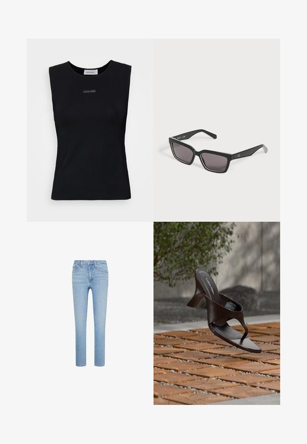 Top negro sin mangas de tejido suave. Presenta un cuello redondo y un pequeño logo de Calvin Klein en el centro. Diseño simple y ajustado.; Vaqueros de mezclilla azul claro, corte recto, estilo de cinco bolsillos, con cierre frontal de botón y cremallera, con sutiles detalles de desgaste y costuras.; Sandalia de tiras con tacón marrón de Calvin Klein suspendida sobre suelo exterior de loseta de madera y grava, con fondo desenfocado de vegetación y piedras.; Gafas de sol negras rectangulares con lentes oscuras y un logo sutil en la patilla, mostradas sobre un fondo claro y liso.