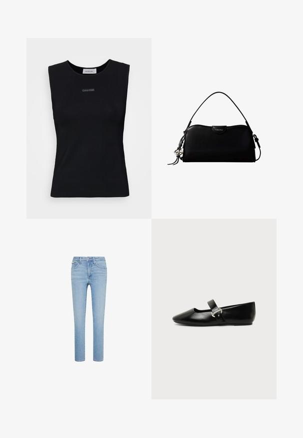 Top negro sin mangas de tejido suave. Presenta un cuello redondo y un pequeño logo de Calvin Klein en el centro. Diseño simple y ajustado.; Vaqueros de mezclilla azul claro, corte recto, estilo de cinco bolsillos, con cierre frontal de botón y cremallera, con sutiles detalles de desgaste y costuras.; Zapato plano Mary Jane de cuero negro con punta redondeada y hebilla plateada sobre un fondo liso.; Bolso rectangular negro de Calvin Klein con una única correa superior, dije con el logo plateado y un pequeño cierre de solapa en la parte frontal.
