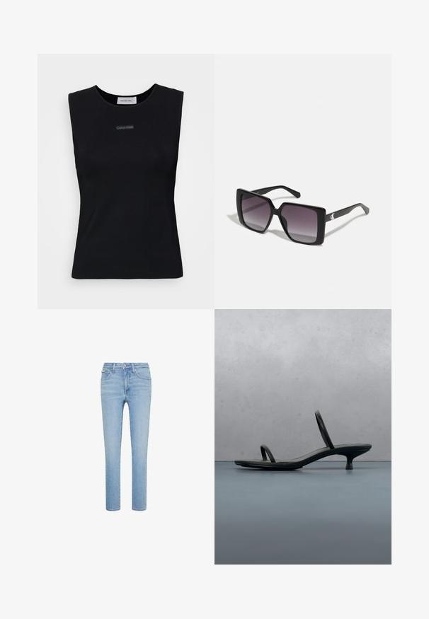 Čierny bezrukávový top vyrobený z hladkej látky. Má okrúhly výstrih a malé logo Calvin Klein na strede. Jednoduchý a priliehavý dizajn.; Svetlomodré slim fit rifle s piatimi vreckami, predným zapínaním na gombík a zipsom, zobrazené na bielom pozadí.; Čierna sandála Calvin Klein na podpätku s tenkými remienkami, vyvážená na drevených dlaždiciach vonku pri stene a zelene.; Čierne slnečné okuliare v štvorcovom tvare so sivými gradientovými šošovkami. Lesklé rámy s čistými líniami. Strieborný logotyp ako akcent na nožičkách.