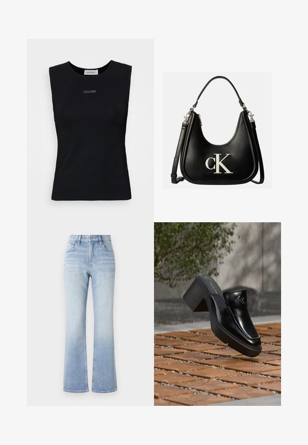 Zwart mouwloos topje gemaakt van gladde stof. Heeft een ronde halslijn en een klein Calvin Klein-logo in het midden. Eenvoudig en aansluitend ontwerp.; Lichtblauwe denim flared jeans met een hoge taille, contrasterende stiksels, voorvakken en een subtiele vervaging naar de zoom toe.; Zwarte leren Calvin Klein slip-on mule met blokhak rustend op houten tegels buiten, vlak bij een groene plant en een grijze muur.; Zwarte leren handtas met zilveren "cK" logo aan de voorkant, met korte handgreep en langere verstelbare schouderriem.