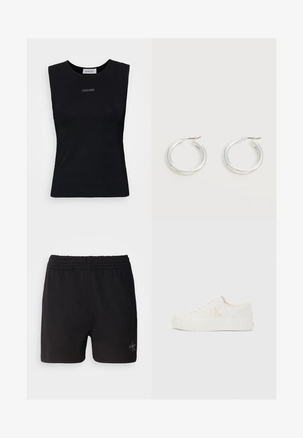 Zwart mouwloos topje gemaakt van gladde stof. Heeft een ronde halslijn en een klein Calvin Klein-logo in het midden. Eenvoudig en aansluitend ontwerp.; Zwarte katoenen shorts met een elastische tailleband en het Calvin Klein-logo in zilver in de rechteronderhoek. Gladde textuur.; Witte lage sneaker met dikke zool en zijkant "cK" logo, veters aan de voorkant en minimalistisch ontwerp op een neutrale achtergrond.; Een paar middelgrote glanzende zilveren oorringen met dunne metalen sluitingen op een lichte neutrale achtergrond.