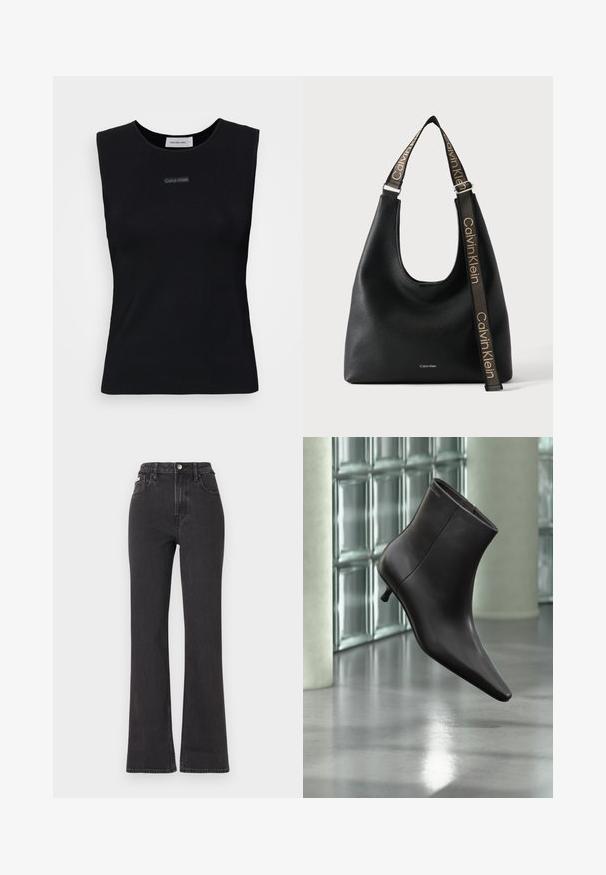 Top negro sin mangas de tejido suave. Presenta un cuello redondo y un pequeño logo de Calvin Klein en el centro. Diseño simple y ajustado.; Jeans de cintura alta negros en tejido de mezclilla, con cierre de botón, presillas para cinturón y bolsillos laterales. Textura suave con un desvanecimiento mínimo.; Bota de cuero negro para el tobillo con puntera puntiaguda y tacón pequeño, exhibida frente a una pared de bloques de vidrio y un suelo pulido.; Bolso de hombro de piel negro Calvin Klein con correa ancha ajustable que presenta el logo repetido de Calvin Klein en beige.