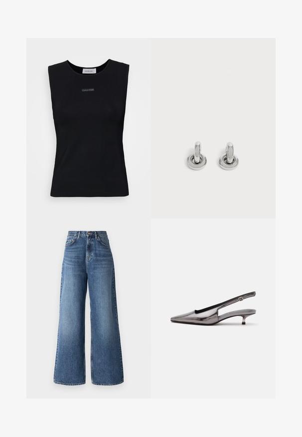 Schwarzes ärmelloses Top aus glattem Stoff. Merkmale einen runden Ausschnitt und ein kleines Calvin Klein Logo in der Mitte. Einfaches und figurnahes Design.; Hochtaillierte, lässige Jeans aus hellblauem Denim mit einem klassischen Fünf-Taschen-Design und dezentem Verblassen entlang der Beine.; Metallic-grauer Slingback-Schuh mit spitzer Schuhspitze, niedrigem Kittenabsatz und verstellbarem Riemen auf weißem Hintergrund.; Paar kleine, glänzende silberne Creolen mit rundem Sockel, auf einfachem hellem Hintergrund präsentiert.
