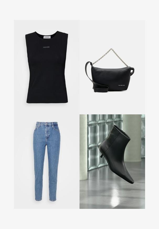 Top negro sin mangas de tejido suave. Presenta un cuello redondo y un pequeño logo de Calvin Klein en el centro. Diseño simple y ajustado.; Jeans de tiro alto rectos de color azul con botón frontal y cremallera, trabillas para cinturón y bolsillos, exhibidos sobre un fondo blanco liso.; Botín negro de cuero con punta puntiaguda y tacón bajo estilo kitten, mostrado en ángulo sobre un suelo pulido y con una pared de bloques de vidrio de fondo.; Calvin Klein Jeans SCULPTED ROUND CHAIN - Bandolera - black