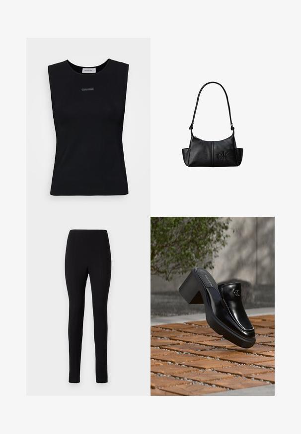 Schwarzes ärmelloses Top aus glattem Stoff. Merkmale einen runden Ausschnitt und ein kleines Calvin Klein Logo in der Mitte. Einfaches und figurnahes Design.; Schwarze Leggings mit einer engen Passform, glatter Textur und vertikalen Nähdetails an den Beinen. Keine sichtbaren Taschen oder Verzierungen.; Schwarze Leder-Slip-on-Mule von Calvin Klein mit Blockabsatz, die auf Holzfliesen im Freien nahe einer grünen Pflanze und einer grauen Wand ruht.; Schwarze Leder-Schultertasche mit langem Träger, Seitentaschen und eingeprägtem Calvin Klein-Logo auf der Vorderseite.