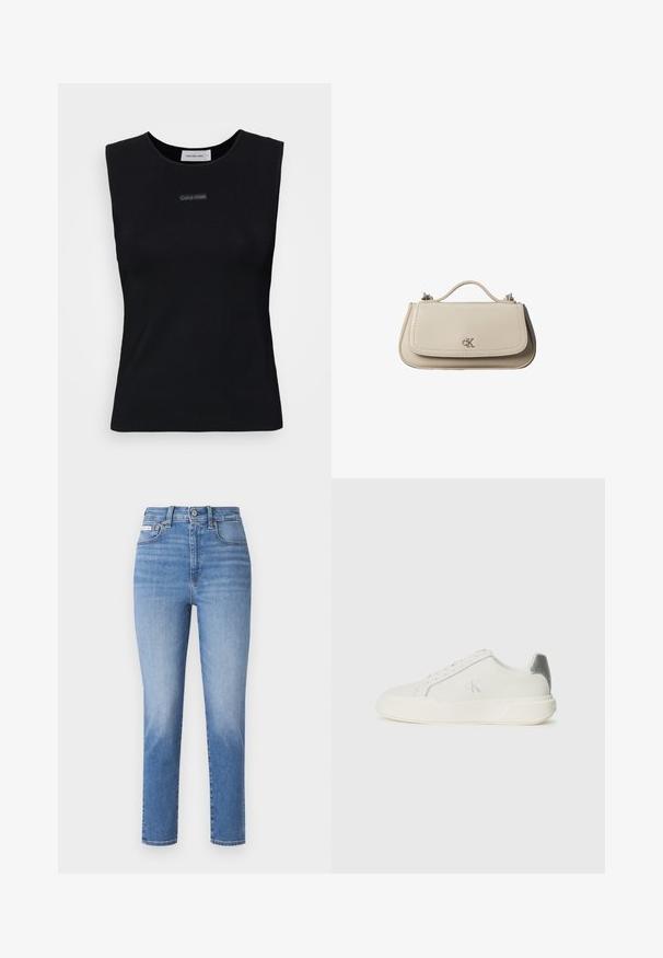 Sort ærmeløs top lavet af glat stof. Har en rund halsudskæring og et lille Calvin Klein-logo i midten. Simpelt og tætsiddende design.; Lyseblå denimjeans med høj talje, lige ben og subtile lysninger. Har bæltestropper, fem lommer og lukning med metalknap.; Hvide sneakers lavet af læder med en glat tekstur, forsynet med en sølvaccent på hælen, flad sål og minimalistisk design.; Lille beige læderhåndtaske med top håndtag og sølv CK-logo på frontklap, vist mod en hvid baggrund.