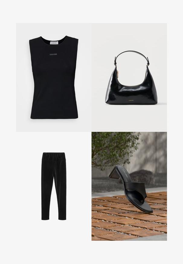 Must suletud tipp, mis on valmistatud siledast kangast. Omab ümmargust kaelust ja keskel väikest Calvin Kleini logo. Lihtne ja järgnev disain.; Mustmust mustreleggings, millel on elastne vöökoht ja sile, läikiv tekstuur. Kitsas lõige, millel on kitsenev jala disain.; Mustad Calvin Kleini kontsadega sandaal varbatsükliga, paikneval puidust plaatpõrandal õues puu ja kivimüüri lähedal.; Musta läikiv Calvin Kleini käekott kuldse luku ja lühikese rihmaga valgel taustal.