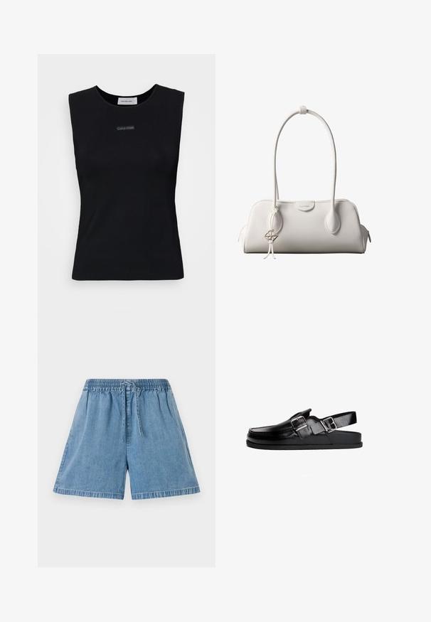 Top negro sin mangas de tejido suave. Presenta un cuello redondo y un pequeño logo de Calvin Klein en el centro. Diseño simple y ajustado.; Pantalones cortos de mezclilla en azul claro con cintura elástica y cordón. Cuentan con bolsillos laterales y un ajuste relajado con dobladillos cosidos.; Zapato negro de piel tipo slingback con puntera redondeada, que presenta un acento de hebilla y una suela de goma plana. Textura suave, diseño minimalista.; Bolso de hombro blanco de Calvin Klein con asas largas, forma rectangular, cierre de cremallera y charm decorativo con el logo colgando cerca del asa.