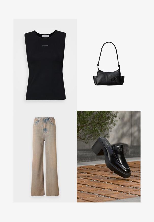 Sort ærmeløs top lavet af glat stof. Har en rund halsudskæring og et lille Calvin Klein-logo i midten. Simpelt og tætsiddende design.; Lyse vaskede, vide ben jeans med høj talje, lavet af denim. Har diskret syninger og fem lommer, med en let falmet tekstur.; Sort læder Calvin Klein slip-on mule med blokhæl, der hviler på trætøj udendørs nær en grøn plante og en grå væg.; Sort læder skuldertaske med lang rem, sidelommer og præget Calvin Klein-logo på fronten.