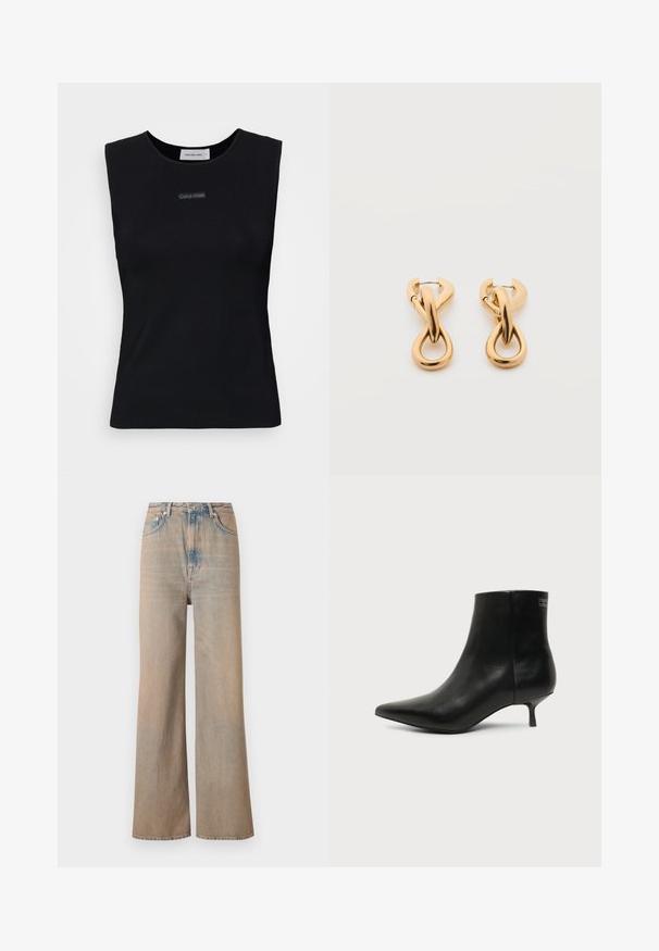 Sort ærmeløs top lavet af glat stof. Har en rund halsudskæring og et lille Calvin Klein-logo i midten. Simpelt og tætsiddende design.; Lyse vaskede, vide ben jeans med høj talje, lavet af denim. Har diskret syninger og fem lommer, med en let falmet tekstur.; Sort læder ankelstøvle med spids tå og lav kitten hæl på lys baggrund, der viser yderside.; Par af skinnende guldfarvede hoop-øreringe med snoet, flettet design på en enkel hvid baggrund.