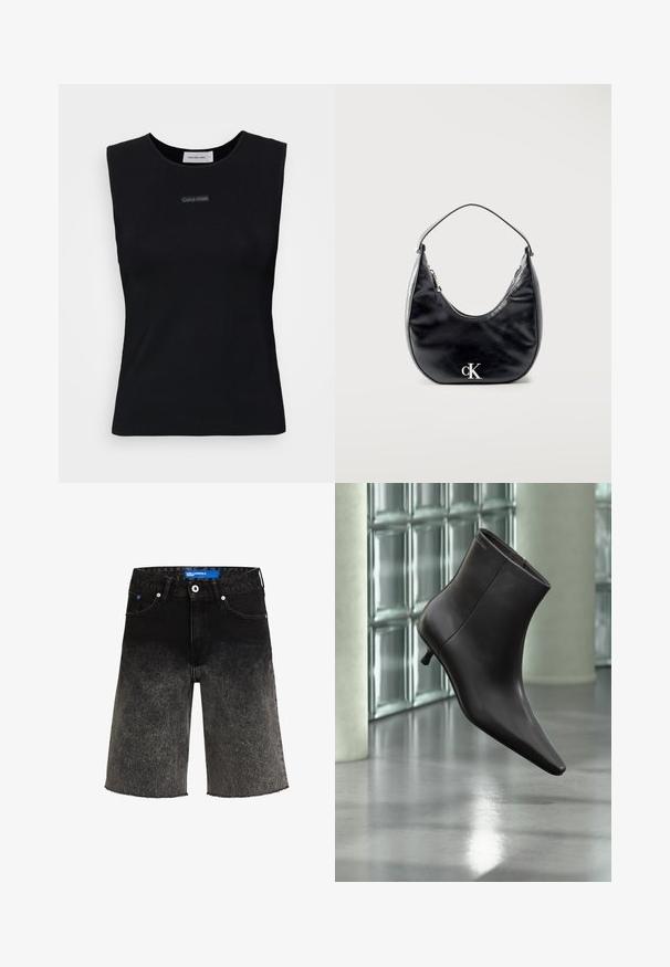 Schwarzes ärmelloses Top aus glattem Stoff. Merkmale einen runden Ausschnitt und ein kleines Calvin Klein Logo in der Mitte. Einfaches und figurnahes Design.; Schwarze Denim-Shorts mit einem Farbverlauf von dunkel zu hell. Mit einem ausgefransten Saum, zwei vorderen Taschen und einem blauen Markenlabel am Bund.; Schwarzer Leder-Knöchelstiefel mit spitzer Spitze und kleinem Absatz vor einer Wand aus Glasbausteinen und einem polierten Boden.; Schwarze, halbmondförmige Ledertasche mit kurzem Riemen und silbernem „cK“-Logo auf der Vorderseite, Reißverschluss oben.