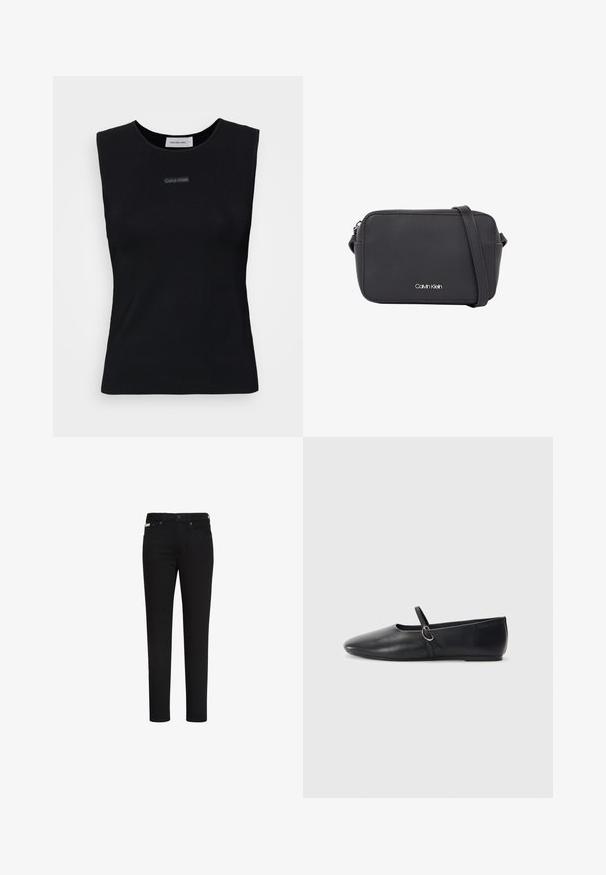 Zwart mouwloos topje gemaakt van gladde stof. Heeft een ronde halslijn en een klein Calvin Klein-logo in het midden. Eenvoudig en aansluitend ontwerp.; Zwarte slim-fit jeans met knoop en rits aan de voorkant, met voor- en achterzakken en een klein label op de rechtervoorzak.; Zwarte leren balletschoenen met een spitse neus, platte zool en een kleine strap met een zilveren gespsluiting.; Zwarte rechthoekige crossbodytas van synthetisch materiaal, voorzien van een zilveren logo, een smalle riem en een gladde textuur met afgeronde randen.