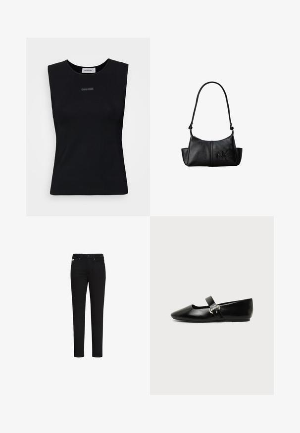 Čierny bezrukávový top vyrobený z hladkej látky. Má okrúhly výstrih a malé logo Calvin Klein na strede. Jednoduchý a priliehavý dizajn.; Čierne slim fit rifle s predným gombíkom a zipsom, s prednými a zadnými vreckami a malou etiketu na pravom prednom vrecku.; Čierna kožená Mary Jane balerína s zaoblenou špičkou a striebornou prackou na jednoduchom pozadí.; Čierna kožená taška cez rameno s dlhým popruhom, bočnými vreckami a vystúpeným logom Calvin Klein vpredu.