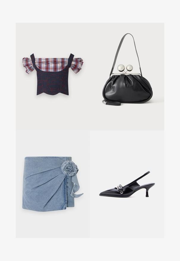 Denim off-the-shoulder topp, mille paksude plaadikätistega, punaste ja siniste mustritega keha ning lainelise äärisega. Reguleeritavad rihmad kuuluvad komplekti.; Denim mähkmete kleit, millel on hele sinine toon, keeruline pleekimine ja dekoratiivne lille aksessuaar, millel on rippuv pael. Pehme tekstuur ja neutraalne disain.; Mustast lakknahast slingback-stiilis madala kontsaga king, millel on terav nina ja hõbedane pandla detail, valgel taustal.; Mustast nahast käekott kogutud disainiga, ühe rihmaga, hõbedase metallraamiga ja kahe suure ümmarguse hõbedase klambriga.