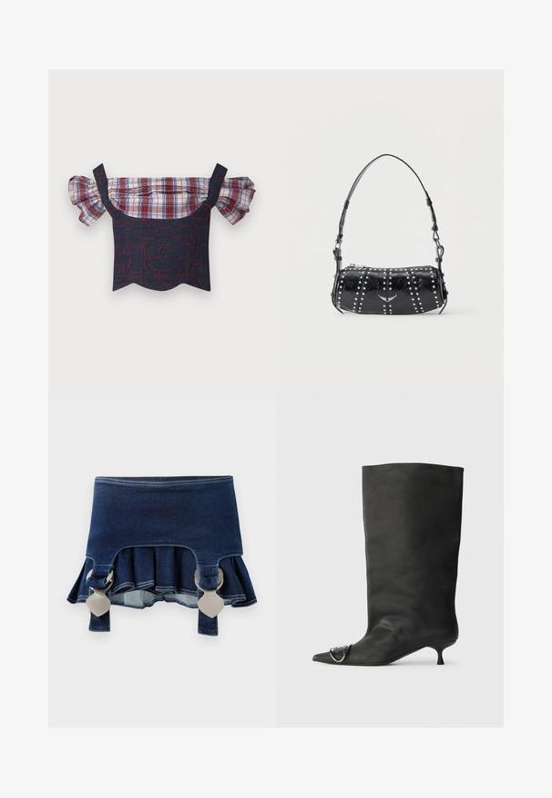 Denim off-the-shoulder top med pufferede plaid-ærmer, der har en rød og blå mønstret krop og bølget kant. Justerbare stropper inkluderet.; Denimnederdel med en udvidet bund. Har to justerbare grå spænder, mørkeblå farve og kontrasterende syninger langs kanten.; Sort læder ankelstøvle med spidse tå, lille hæl og metallisk detalje på tæerne. Glat, mat overflade hele vejen igennem.; Sort skuldertaske i laklæder med sølvnitter i lodrette rækker og et lille sølvfugleemblem midt på fronten.
